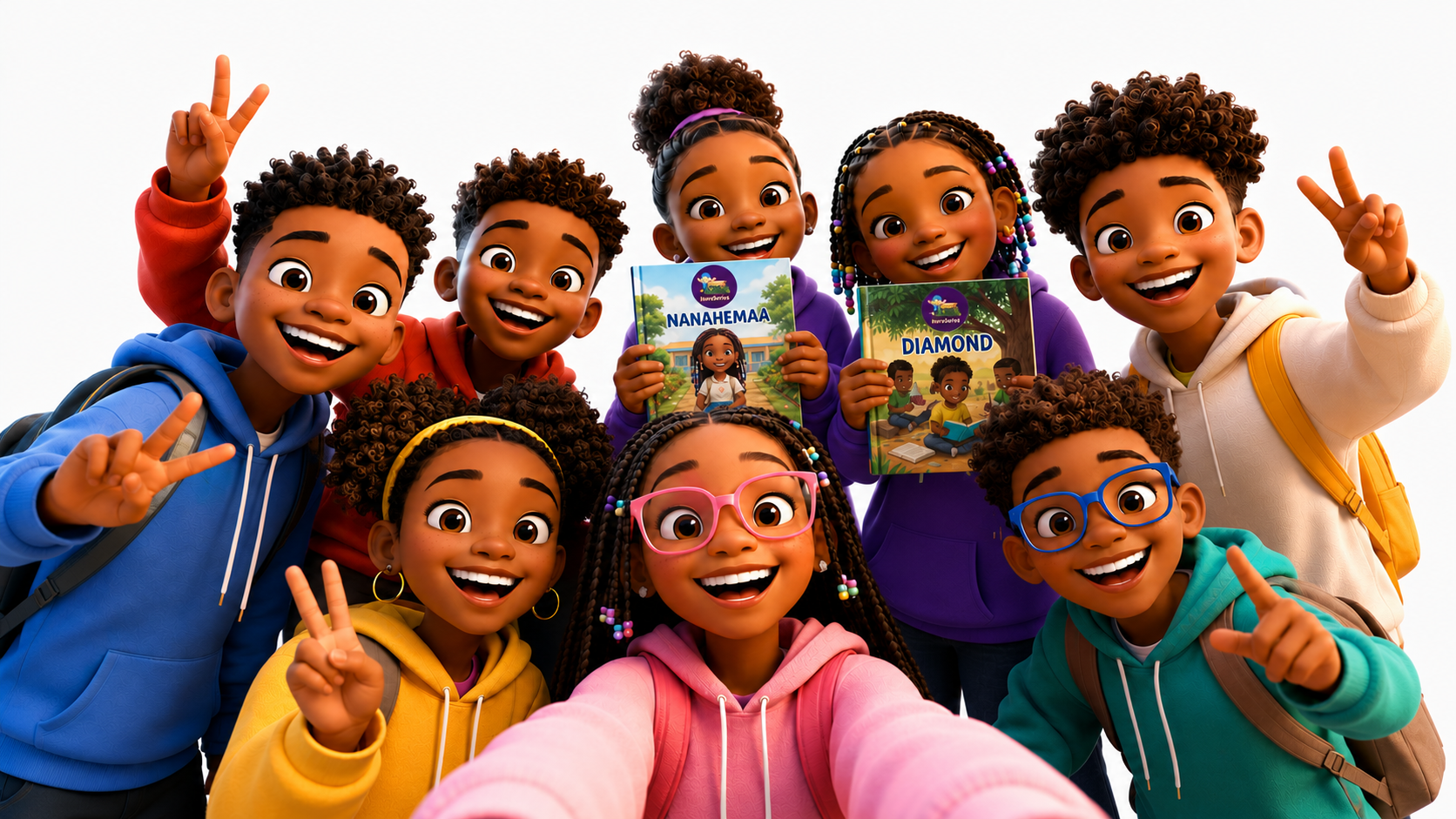 A joyful group of African children holding personalised HeroSeries books